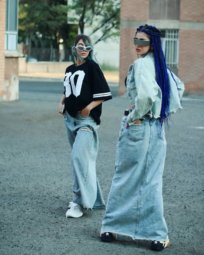 ours-journey Two fashionable women in denim showcase urban style in an outdoor street setting.